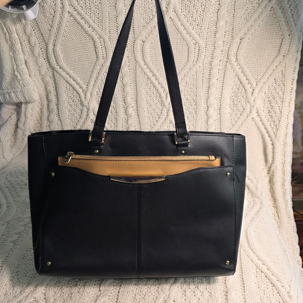 Ann Taylor Tote Laptop Bag Black Tan Faux Leather Work Office Elegant‎ Designer